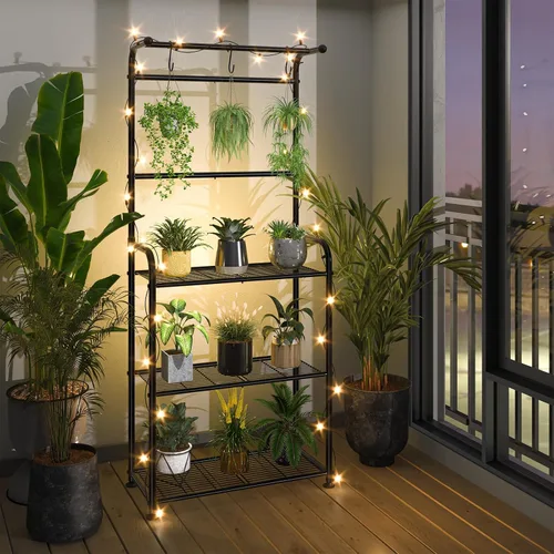 Miniatura 5 de Ekisemio Soportes para plantas al aire libre con ganchos, estantes altos de metal para plantas de interior para macetas colgantes, color negro