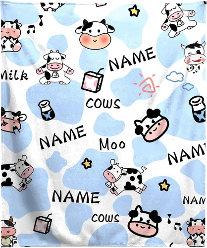 Manta personalizada con estampado de vaca con nombre, texto personalizado, manta de vaca suave, cálida y acogedora manta de franela con estampado de