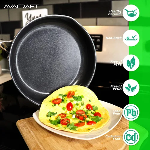 Miniatura 4 de AVACRAFT Sartén antiadherente de cerámica con tapa, sartén para huevos, sartén antiadherente de cerámica, 100% PFOA, sartén de cocción sin toxinas