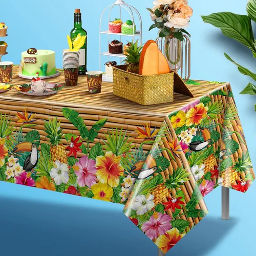Miniatura 4 de Frienda Mantel Tiki de 3 piezas para decoración de mesa Luau, mantel de plástico para fiesta hawaiana, desechable, tótem Tiki para Hawaii, playa