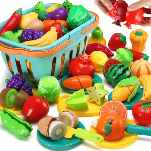 LESUTER TOYS - 70 piezas de juguete de corte para la cocina de niños, accesorios de frutas y verduras imaginarias con cesta de almacenamiento para