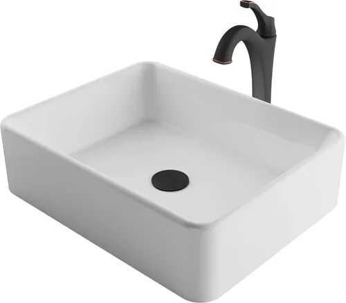 Miniatura 10 de KRAUS Elavo C-KCV-121-1200MB - Lavabo de baño de cerámica rectangular de porcelana blanca moderna de 19 pulgadas y grifo Arlo negro mate con drenaje
