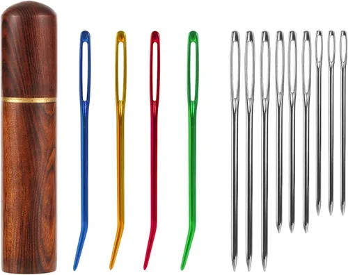 Kit de 13 agujas de coser de ojo grande, agujas romas de ojo grande de acero inoxidable y agujas de tapiz dobladas, agujas de tejer a mano afiladas