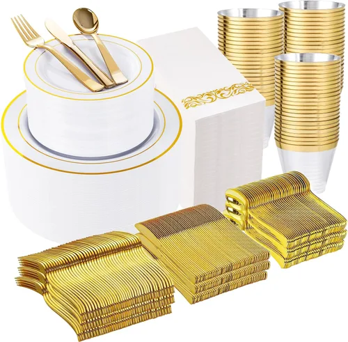 Miniatura 16 de WELLIFE 350 platos de plástico dorado transparente, 100 platos desechables, 150 cubiertos de plástico, 50 tazas, 50 servilletas para bodas y fiestas