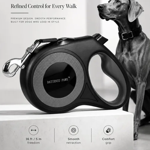 Miniatura 3 de Correa retráctil para perro, cinta de nailon fuerte de 16 pies, puntada reflectante para caminar por la noche, freno con una sola mano, mango Negro