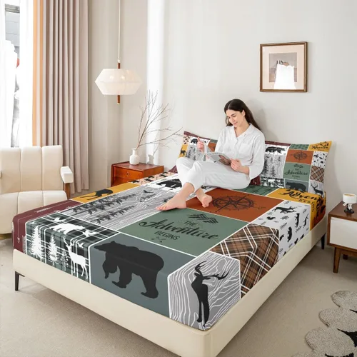Miniatura 36 de Sábana bajera de retazos rústicos, sábanas de ciervos de oso para niños, adolescentes, adultos, mujeres, juego de ropa de cama rústica de granja