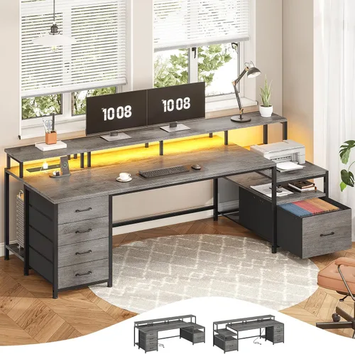 Miniatura 9 de SEDETA Escritorio para computadora de 75 pulgadas con 5 cajones, toma de corriente y luces LED, escritorio de oficina en casa con cajón de archivos