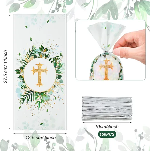 Miniatura 2 de Hotop 100 bolsas de celofán de bautismo, bolsa de regalo, dulces con 150 lazos, suministros de decoración de fiesta de primera comunión