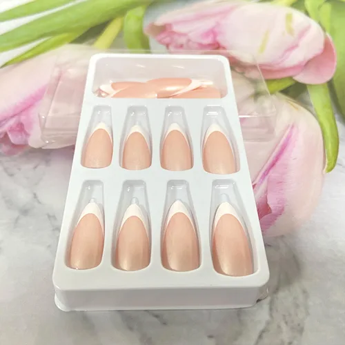 Miniatura 5 de Uñas postizas largas a presión de almendra, uñas postizas Aurora con punta francesa, 24 unidades, naturales, brillantes, cobertura completa
