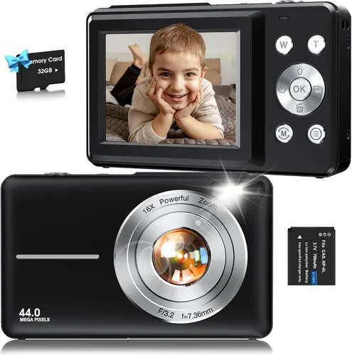 Cámara digital, FHD 1080P para niños, cámara digital de 44 MP para apuntar y disparar con tarjeta de 32 GB, zoom de 16X, antivibración, sello de