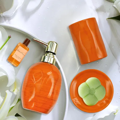 Miniatura 7 de Juego de accesorios de baño naranja quemado, 3 piezas de cerámica completa, soportes para cepillos de dientes, dispensador de jabón, jabonera
