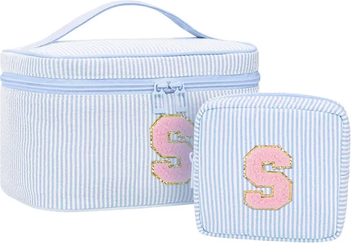 Miniatura 95 de Juego de bolsas de maquillaje con iniciales para niñas y mujeres, bolsa de cosméticos con monograma con soporte para cepillos, estuche de maquillaje