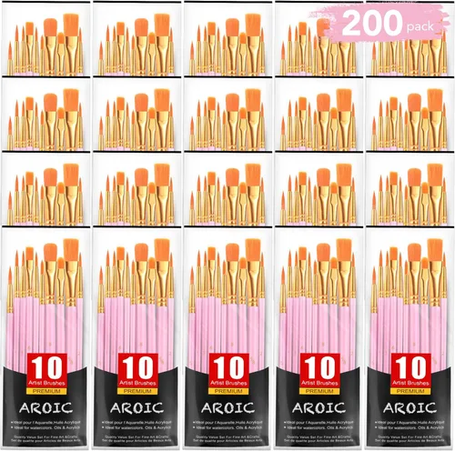 Juego de pinceles de pintura acrílica, (20 paquetes/200 unidades), cepillos de pelo de nailon para óleo y acuarela, juego perfecto de pintura Rosa
