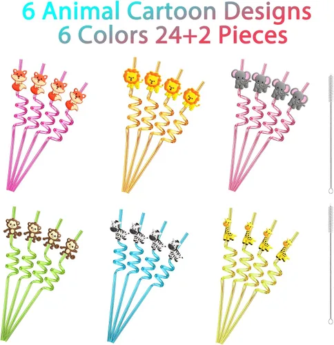 Miniatura 6 de 24 pajitas de plástico reutilizables de animales de la selva para león, zorro, cebra, jirafa, safari, suministros de fiesta de cumpleaños, regalos