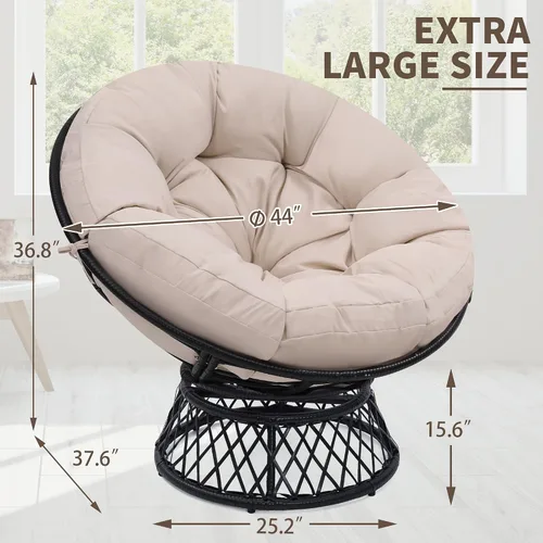 Miniatura 2 de KROFEM Silla Papasan Gigante de Ratán Ergonómica Extragrande de 46" con Cojín Suave y Grueso para Adultos, Giro Fluido de 360°, Resistente al Agua