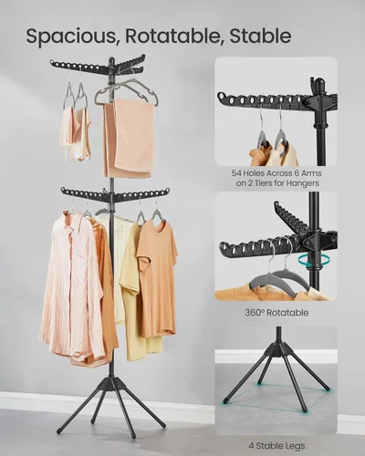Miniatura 72 de SONGMICS ULLR510B01 - Estante de secado de ropa plegable de 59 pulgadas con 3 brazos giratorios para perchas, 4 patas, acero inoxidable, para 27