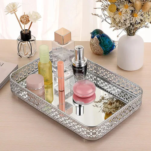 Miniatura 9 de ELLDOO Bandeja para Espejo de Perfume de Tocador, Bandeja de Maquillaje, Organizador de Joyería Tallado en Hueco, Bandeja de Almacenamiento de Plata