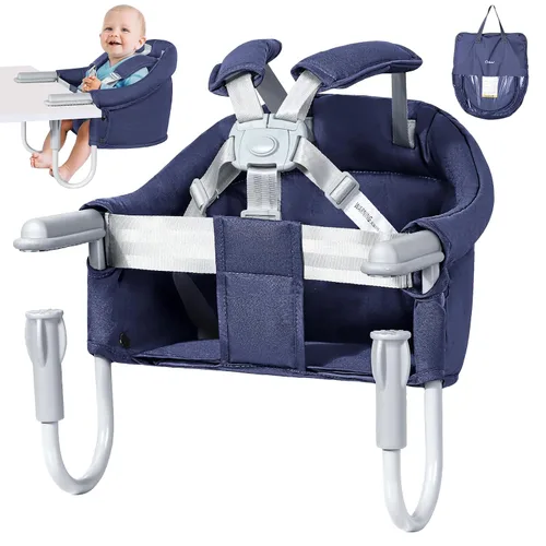 Miniatura 8 de Orzbow Silla alta de gancho, asiento de mesa portátil para bebés y niños pequeños de 6 a 36 meses, silla alta plegable con clip con bolsa de Gris