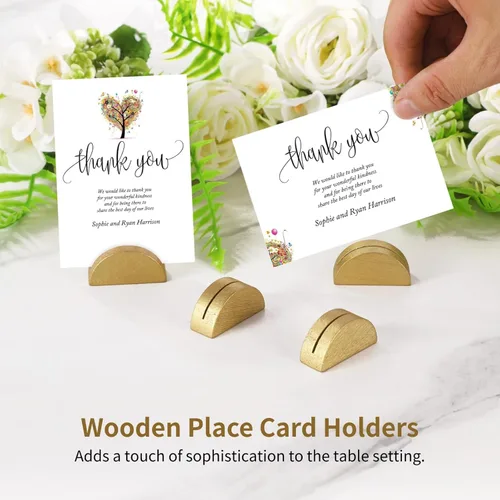 Miniatura 3 de Paquete de 50 soportes para números de mesa, pequeños tarjeteros de madera, elegante diseño medio redondo para tarjetas de identificación, Oro