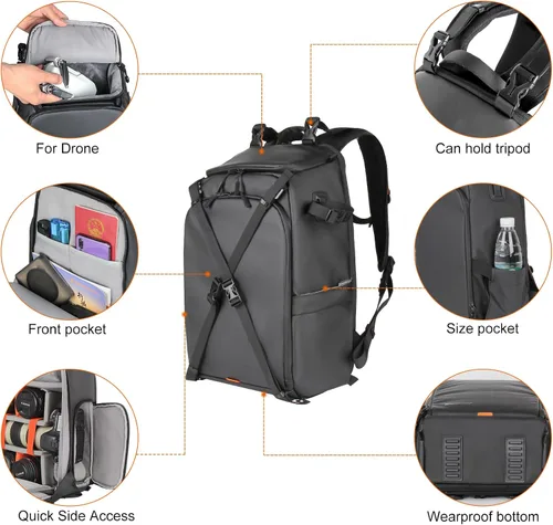 Miniatura 4 de Besnfoto Mochila impermeable para cámara DSLR/SLR sin espejo, bolsa de fotos para hombres con compartimento para computadora portátil para viajes