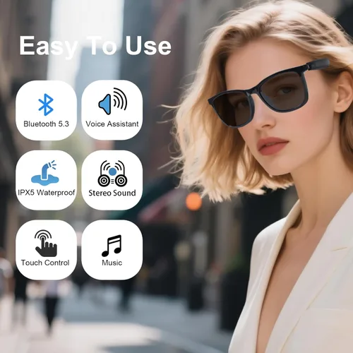 Miniatura 3 de Quaoar Lentes de audio Bluetooth inteligentes con doble altavoz, micrófono de oído abierto, disparo remoto, asistente de voz para mujeres/hombres
