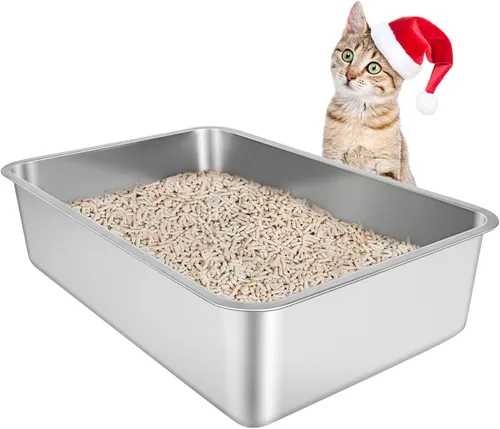 Miniatura 15 de IKITCHEN Caja de arena de acero inoxidable para gatos, bandeja de arena de metal grande para gatos, caja de arena para gatos nunca absorbe olores