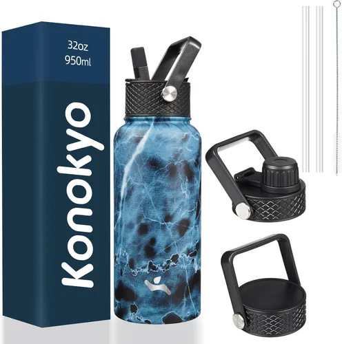 Miniatura 88 de Konokyo - Botella de agua aislada de 18 onzas, botellas deportivas de acero inoxidable con 3 tapas, verde militar