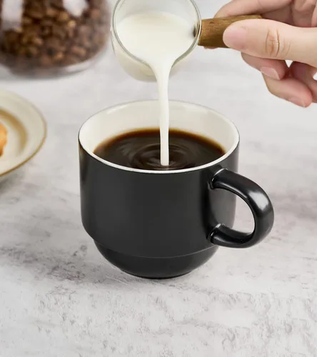 Miniatura 7 de YHOSSEUN Juego de 4 tazas de café apilables de porcelana con estante, tazas de café expreso con cucharas de soporte, tazas de café demitasse de 11