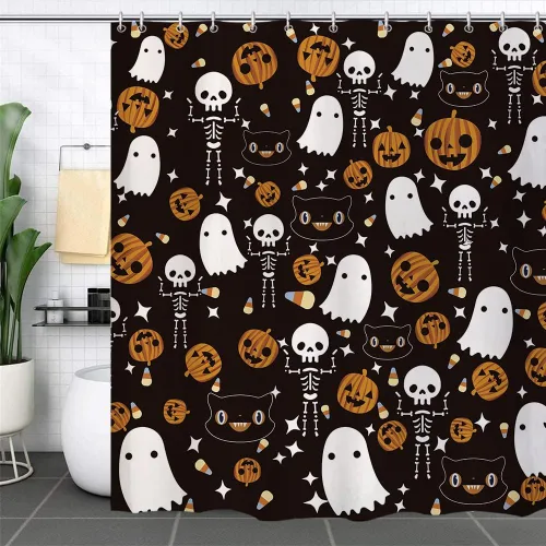 GAGEC Cortina de ducha de Halloween, espeluznante calabaza esqueleto, cortina de ducha de dibujos animados, decoración de baño interior para el