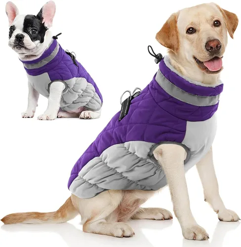 Miniatura 38 de AOFITEE Abrigo para perro, chaquetas cálidas para perros grandes, abrigo reflectante de cuello alto para perros con arnés integrado, impermeable
