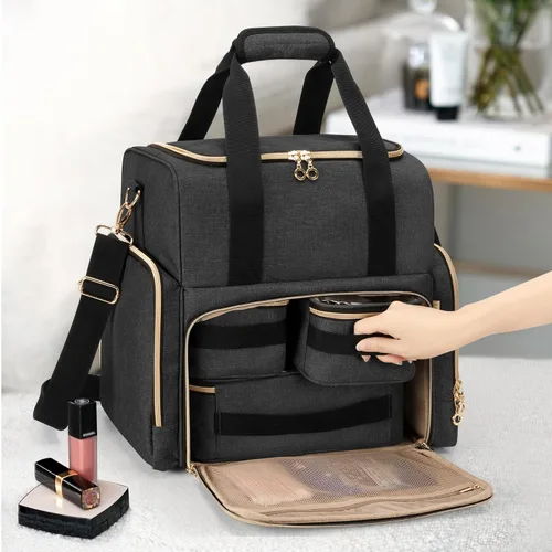 Miniatura 7 de LUXJA Bolsa de maquillaje de viaje grande con 3 estuches extraíbles, bolsa de cosméticos con divisores desmontables (patente pendiente), color negro