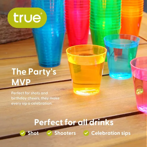 Miniatura 4 de True Vasos de chupito de plástico multicolor neón para fiestas, vasos desechables para beber al aire libre, colores surtidos, 2 onzas, juego de 60