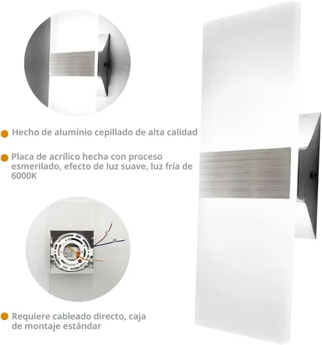 Miniatura 5 de KICAAO Juego de 2 apliques de pared modernos, luz LED de pared de 10 W, luz blanca de 6000 K hacia arriba y hacia abajo, iluminación de pared Blanco