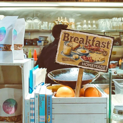 Miniatura 6 de 1 letrero de metal vintage de 12 x 8 pulgadas, placa retro para desayuno, huevo frito, queso, tocino, oliva, con 4 agujeros preperforados