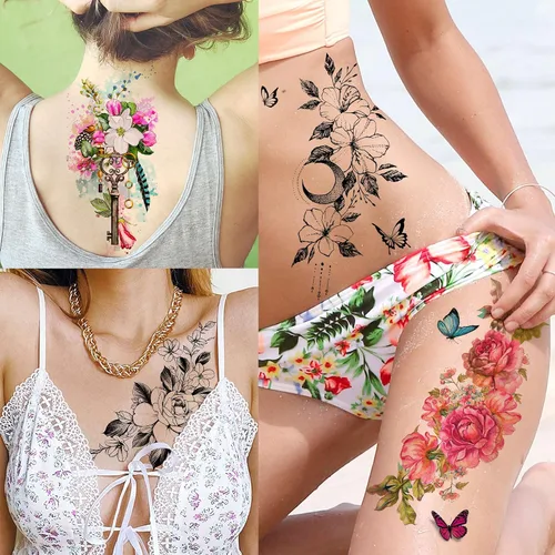 Miniatura 3 de TASROI 18 hojas de tatuajes temporales de flores sexys para mujeres, niñas y adultos, tatuajes falsos de arte corporal para el brazo, tatuajes