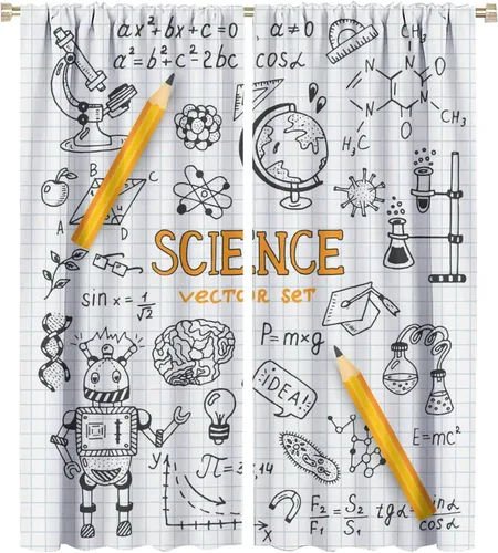 Miniatura 65 de Cortinas opacas para ventanas de ciencia para niños, lupa de libro de laboratorio de ciencia, lupa, frascos moleculares, cortinas impresas