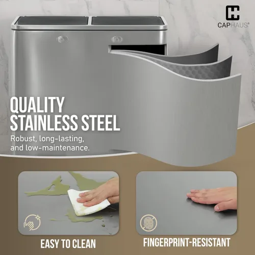 Miniatura 5 de CAPHAUS Cubo de Basura Dual con Tapa Doble, Combo de Cubos de Basura y Reciclaje, Cubo de Basura de Acero Inoxidable Sin Manos para Cocina, con 2