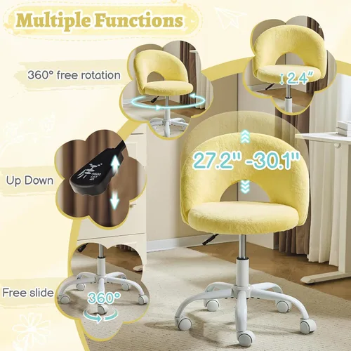 Miniatura 4 de VINGLI Silla de tocador pequeña con ruedas de piel sintética para niñas, bonita silla de escritorio de oficina sin brazos de altura ajustable
