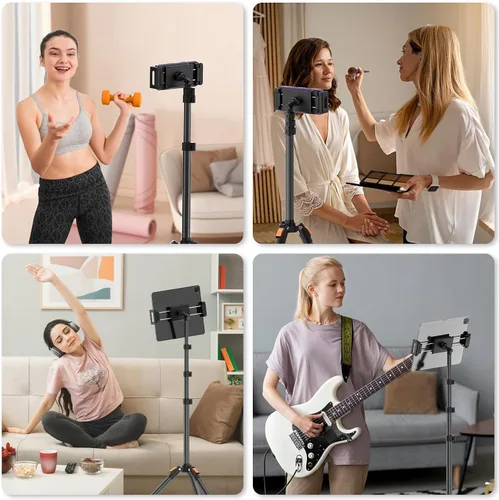 Miniatura 8 de XXZU Trípode de pie de 72 pulgadas para tablet, soporte para tablet con cabeza de bola de 360°, soporte de piso ajustable en altura con funda