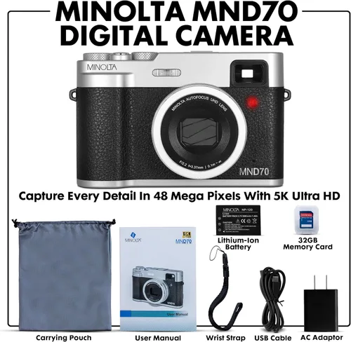 Miniatura 2 de Minolta Cámara digital retro – 48 megapíxeles con enfoque automático compacto y video ultra HD de 5K, lente selfie trasera, zoom 16x, WiFi, pantalla