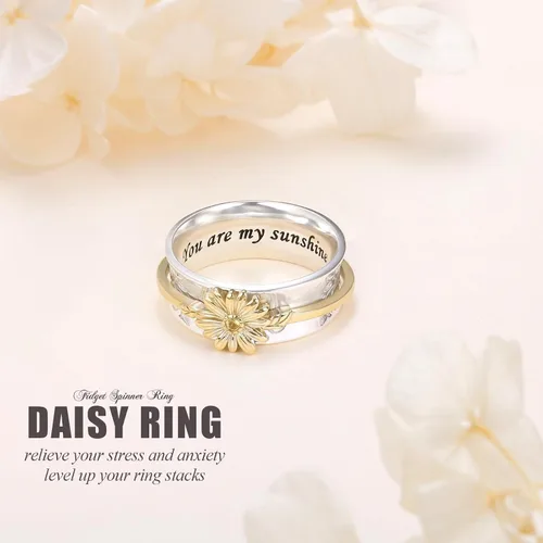 Miniatura 12 de Anillo giratorio para aliviar la ansiedad con margaritas You Are My Sunshine Flower Fidget Ring de plata esterlina TDAH para aliviar el estrés