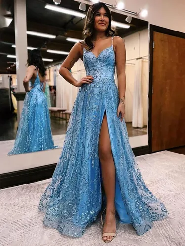 Miniatura 4 de Vestidos de fiesta de encaje 2024, vestidos largos con tirantes delgados, vestidos de noche con abertura y hombros descubiertos, vestidos formales