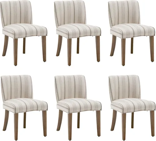 Juego de 6 sillas de comedor de estilo rústico tapizadas de lino a rayas caqui, sillas de comedor sin brazos para el hogar, cocina, comedor, Franja