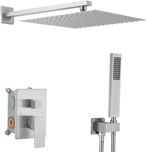 Juego de grifo de ducha de baño de 12 pulgadas de níquel cepillado, juego de mezclador de lluvia de lujo montado en la pared, juego de cabezal de