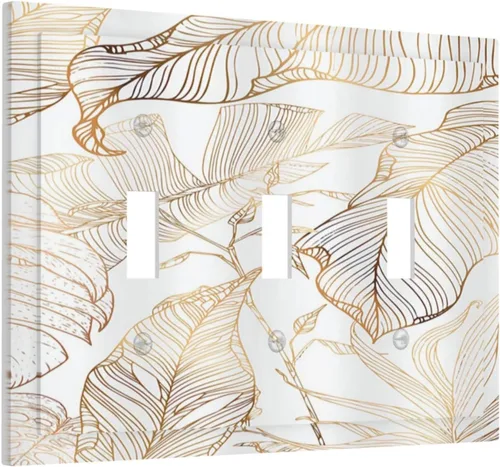 Miniatura 118 de Placa de pared decorativa con hojas de palmera tropicales de oro blanco, hoja de plátano, doble interruptor de luz de palanca decorativa, placa