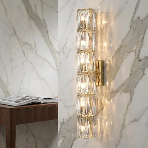 Miniatura 2 de SAMTEEN Aplique de pared de cristal de 23.6 pulgadas, apliques dorados, iluminación de pared moderna de mediados de siglo, 6 luces de montaje