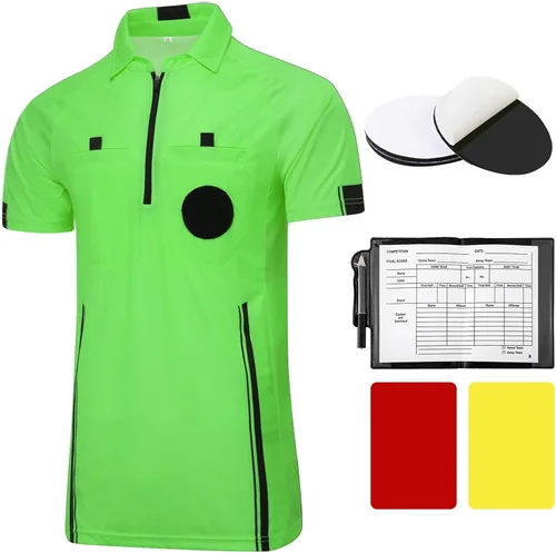Miniatura 7 de Camiseta Jersey de Árbitro de Fútbol Profesional de Manga Corta Disfraz de Árbitro Uniforme con Portainsignia, Cartera de Árbitro, Tarjetas Rojas