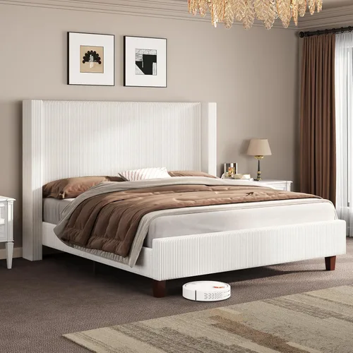 Miniatura 12 de AMERLIFE Base de cama tapizada tamaño Queen con cabecera de 50.8 pulgadas de alto, cama de plataforma con respaldo de alas con patas de madera