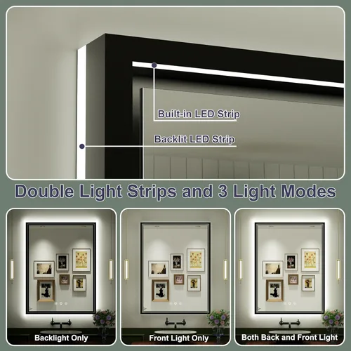Miniatura 3 de Espejo de baño LED negro de 20 x 28 pulgadas con luces delanteras y traseras 3000K/4500K/6000K, Stepless Dimmable, Anti-Fog, Memory Function, ETL