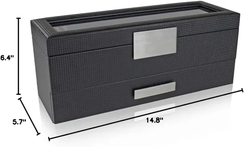 Miniatura 9 de Caja de reloj con cajón de Valet para hombre - organizador de exhibición de la caja de reloj de lujo de 6 ranuras, diseño de fibra de carbón